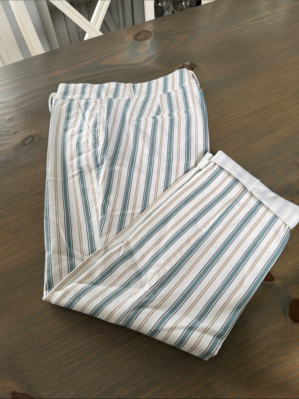 LOFT White Pants with Teal and Tan Stripes